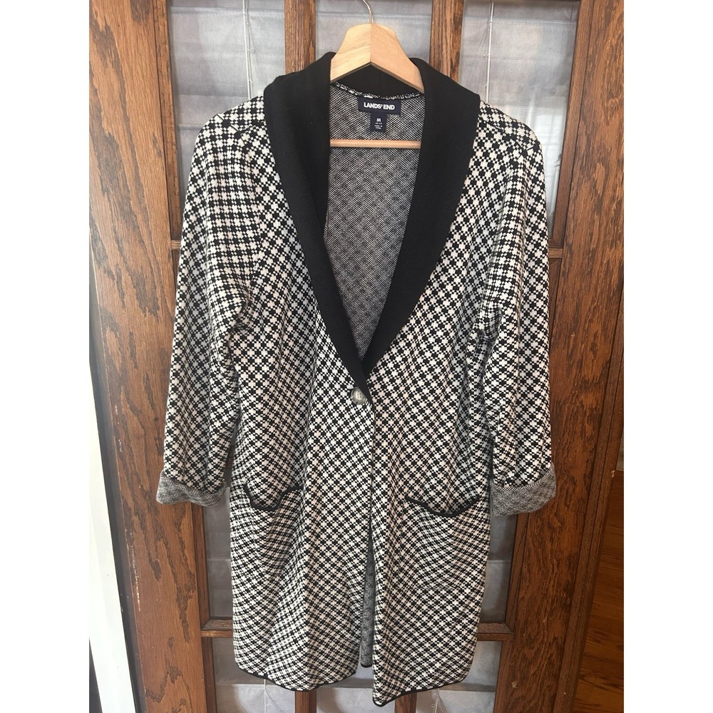 Lands End Houndstooth Long Cardigan Coatigan Knit Size Medium